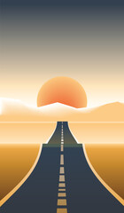 Illustration of a long road. Sunset desert with Empty Road to Mountain.