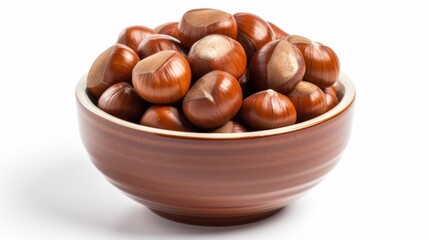 Obraz premium Chestnuts in a wooden bowl on a white background, created by Generative AI
