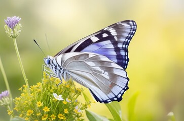 Naklejka premium Morning Haze Magic: Butterfly Perched on Wild Flower. 
