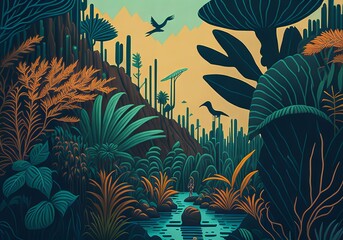 Surreal Jungle Landscape Illustration: Immerse Yourself in a Dreamlike Wilderness. 