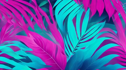 Fototapeta na wymiar Vibrant Abstract Background: Magenta and Azure Tropical Leaves. Generative AI.