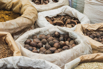 Fresh Indian Nutmeg Spice in an Asian Market