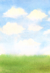 Fototapeta na wymiar Abstract watercolor illustration with green grass and fluffy white clouds with sunlight, hand drawn illustration