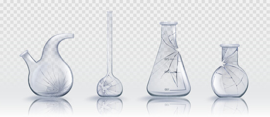 Broken glass laboratory chemical measuring flasks and test tubes in realistic vector illustration set. Crashed lab glassware with cracks, holes and scatters. Destroyed and crushed scientific equipment