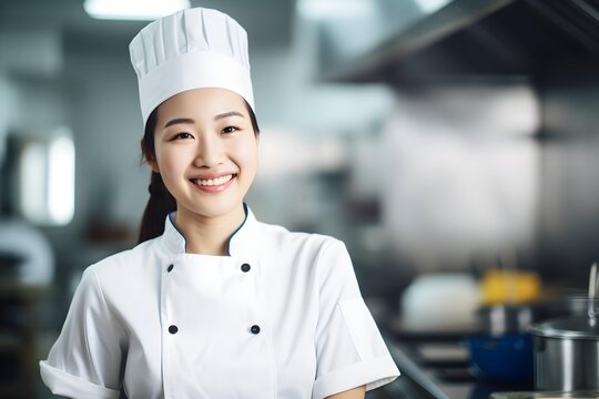 Smiling Asian female chef with a white uniform and a toque in a restaurant kitchen background isolated on the left, professional cuisine wallpaper, Horizontal format 3:2