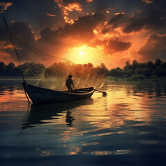 A fisherman is trying to catch fish from the boat in the river on the time of sunset