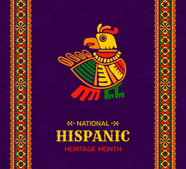 National hispanic heritage month festival poster with mayan aztec bird totem. Hispanic culture holiday vector background with ethnic ornament, South America ancient civilization totem bird symbol