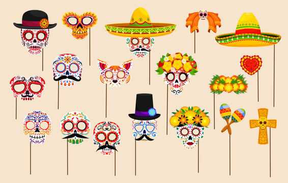 Mexican Dead Day Photo Booth Masks With Props. Dia De Los Muertos Holiday Sugar And Animal Skull, Sombrero, Moustaches, Catrin And Guitar Party Mask. Vector Carnival Calavera, Maracas, Cross And Heart