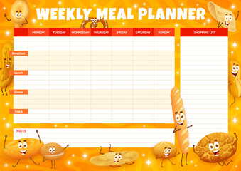 Weekly meal planner. Cartoon pastry, bakery and bread characters. Cooking week journal, daily vector schedule with pretzel, barbari, burger bun and chapati, baguette, tiger, marraqueta bread personage