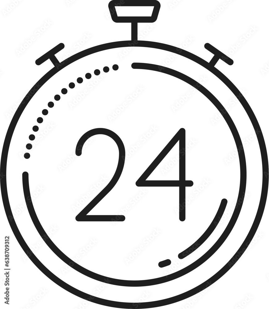 Aufkleber Stopwatch, 24 hours order execution or delivery service outline icon. Vector 24 hour speedometer. Support service, time, working hours, delivery timer clock
