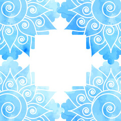 Fototapeta na wymiar Frame, border for the cover decorated with blue watercolor mandala patterns in Asian ethnic style