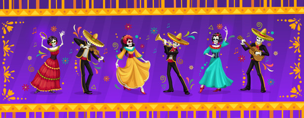 Cartoon dia de los muertos dead day skeleton mariachi musicians and Catrin dancer characters. Vector Mexican folk personages wear traditional costumes dancing and playing guitar, violin or trumpet - obrazy, fototapety, plakaty