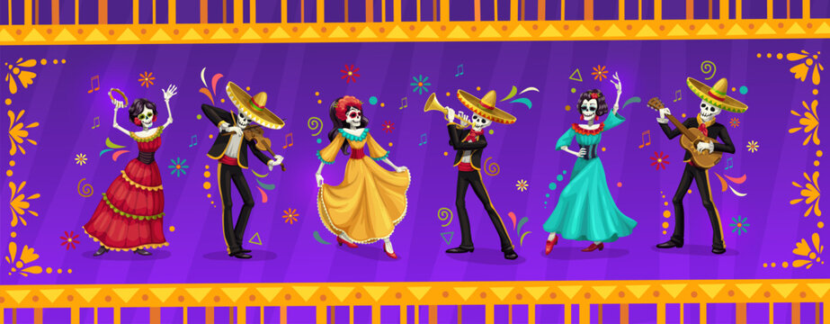 Cartoon dia de los muertos dead day skeleton mariachi musicians and Catrin dancer characters. Vector Mexican folk personages wear traditional costumes dancing and playing guitar, violin or trumpet