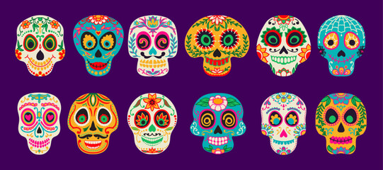 Mexican calavera sugar skulls. Dia de los muertos day of the dead holiday skulls. with flowers and floral pattern. Day of the dead decorative craniums, traditional Mexico festival celebratory symbols