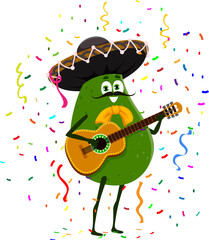 Mexican avocado musician character on holiday party. Birthday holiday celebrating cartoon isolated vector funny personage of ripe avocado vegetable mariachi musician in sombrero hat, playing on guitar