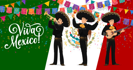 Viva mexico holiday background with mexican mariachi musicians band and national flag. Vector greeting banner with latino men trio in sombrero and national costumes playing guitar, trumpet and maracas