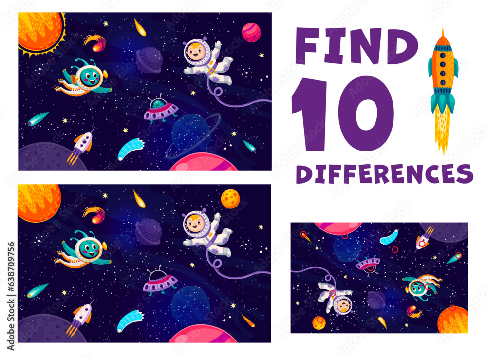 Poster Find ten differences at space galaxy landscape. Astronaut and cartoon alien characters. Difference search riddle or game vector worksheet with boy and alien astronaut, UFO saucer flying in outer space