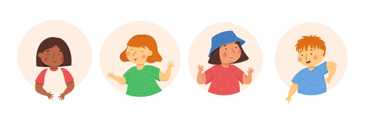 Happy children in the colorful circles and the white background. Vector cartoon illustration. Multiculturalism and diversity. Boys and girls with funny faces and emotions. Cute kids characters. Ideal