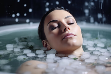 Relaxed woman with closed eyes in ice bath filled with cubes of ice. AI
