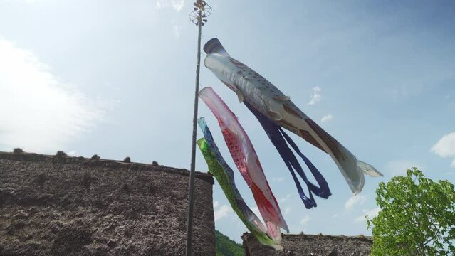 Koi No Bori Or Carp-Shaped Wind Socks On Pole At Shirakawago Fluttering In Wind