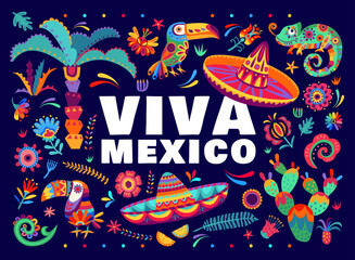 Viva mexico banner with tropical flowers, cactuses and chameleons, mexican sombrero hat and toucans. Vector background, capturing vibrant essence of mexican culture, celebrating special occasion