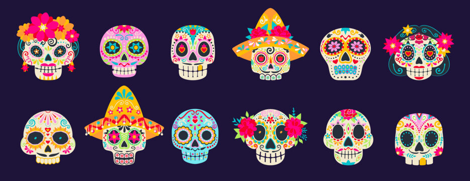 Dia de los muertos holiday mexican calavera sugar skulls. Day of dead festival skulls. Cartoon vector set of traditional calaca heads for Death celebration. Male or female craniums with floral pattern