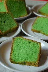 Bolu Pandan or Pandan sponge cake or chiffon cake. Pandanus leaf cake. Indonesian food, Malaysian food.