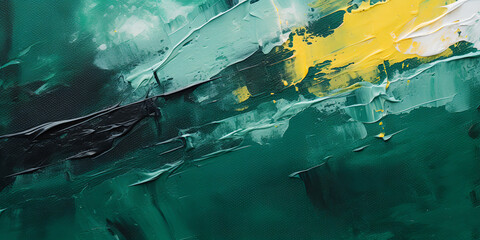 Canvas painting, closeup abstract, colorful brush painting, yellow, green, black, white paint, acryl brush, wall painting background, brushstroke, pallet knife, Generative AI