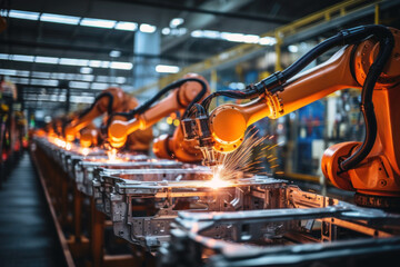 Mechanized industry robots and robotic arms for assembly in factory production. robotic arms working in an industrial factory