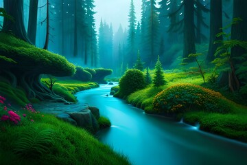 A fantastical nature landscape, a magical river flowing through an enchanted forest