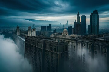 A haunting apocalyptic scenario, dense smoke engulfing a decaying city