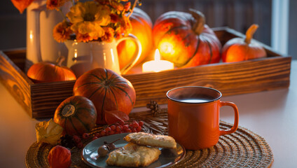 orange cup of tea and autumn decor with pumpkins, flowers and burning candles on table