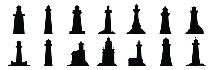 Big collection of light house silhouette. Hand drawn lighthouses silhouette isolated on white background. Vector illustration.