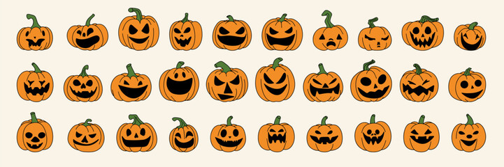 Large collection of Halloween pumpkin icons. Set of Jack o Lantern in doodle style isolated on background. Halloween pumpkin hand drawn logo set. Vector illustration.