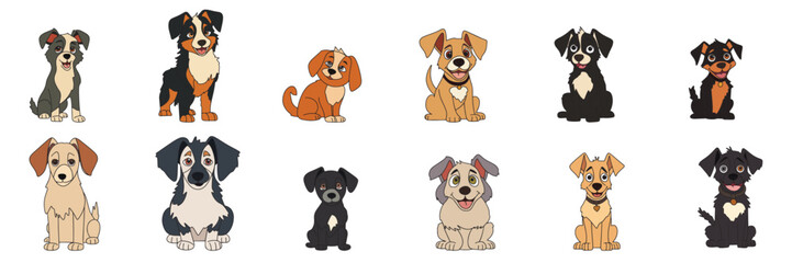 Big set of cute little dog. Cute puppy isolated on white background. Hand draw outline dog in doodle style.  Vector illustration. 