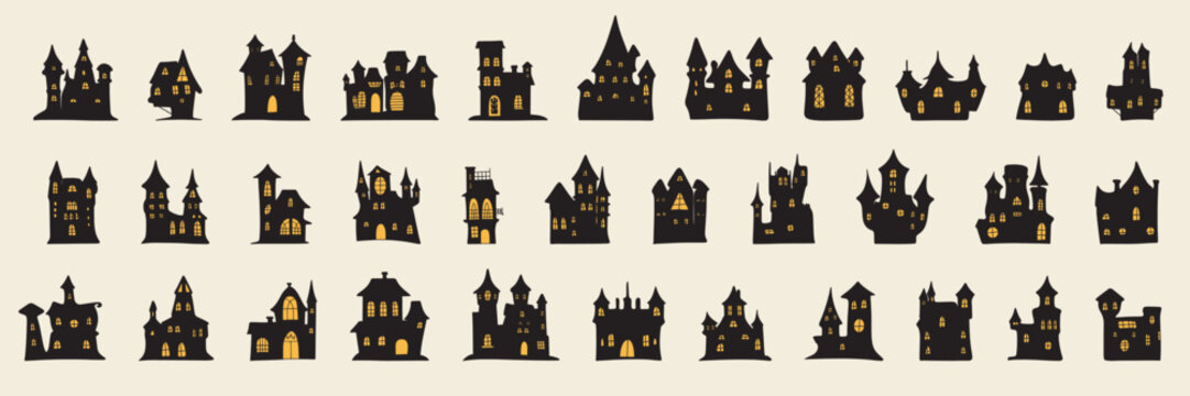 Collection of Halloween houses silhouette with lights windows. Large set of Halloween house in black color with light windows isolated on background. Vector illsutration.