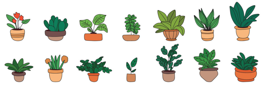 Collection of hand drawn houseplant isolated on background. Outline houseplant incons in doodle style. Vector illustration. 