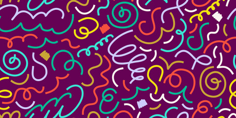 Confetti Scribble abstract seamless pattern. Playful colorful squiggle for kid design. Simple Confetti pattern with scribble memphis print. Simple vector seamless illustration