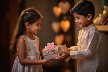 Little boy and girl giving gifts to each other on festival.
