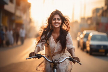 Young indian girl riding bicycle on the city street.