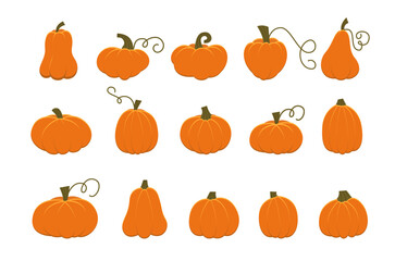 Flat Cartoon Pumpkin Collection. Cute Colorful Gourd Set. Autumn Harvest Squashes Design Elements.