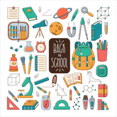 Fototapeta na wymiar School and Educational Colorful Doodles Set. Back to School Cute Hand Lettering. Education School Science Design Elements Collection.