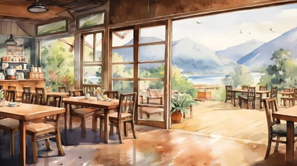 Fotobehang 山が見えるカフェの建築パース　水彩イラスト © ayame123