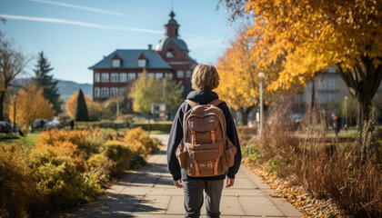 Obraz premium children with school bag walking to schoolbuilding generative ai.
