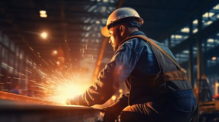 Fototapeta premium Industrial welder sparks fly as they fuse steel in the dimly lit factory