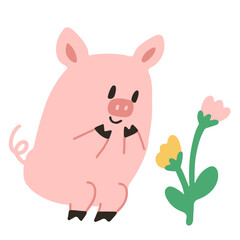Obraz na płótnie Canvas Pig sitting with flowers flat illustration