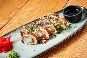 sushi set on wooden background