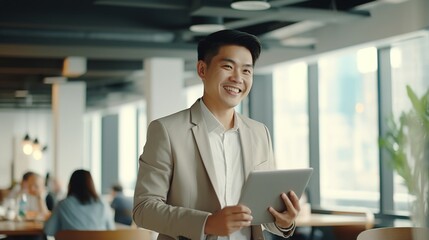 Naklejka na ściany i meble portrait of a asian businessman working on tablets in a office