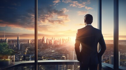 Fototapeta premium silhouette of a business person on the top building. generative ai