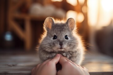 A small hamster sitting on a person"s hand. Generative AI.